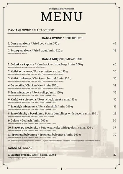 Menu Pensjonatu Stary Browar